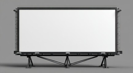 A large, blank billboard on a gray background, standing on a metallic, A-frame structure with integrated lights