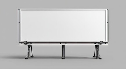 A large, blank billboard on a grey background, featuring a rectangular white surface within a metallic frame, supported by a sturdy metal structure with angled legs