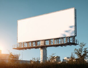 A large, blank billboard stands against a clear blue sky, partially obscured by low vegetation and a sunlit haze.  Its aged metal frame is visible against the bright white canvas