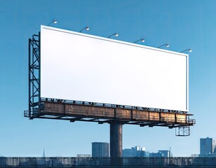 A large, blank billboard stands against a clear, pale blue sky above a cityscape.  Its metallic frame is visible, showing some rust