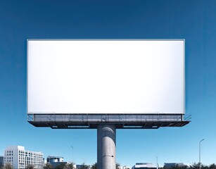 A large, blank billboard stands against a vibrant blue sky, overlooking a cityscape.  Its stark white surface offers a clean canvas for advertising,  mounted on a sturdy concrete pillar
