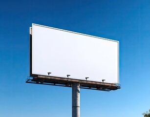 A large, blank billboard stands against a vivid blue sky.  Its white surface is unblemished, ready for advertisement. The billboard is mounted on a sturdy, grey pole