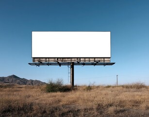 A large blank billboard stands in a desolate landscape under a clear blue sky, mountains visible in the distance