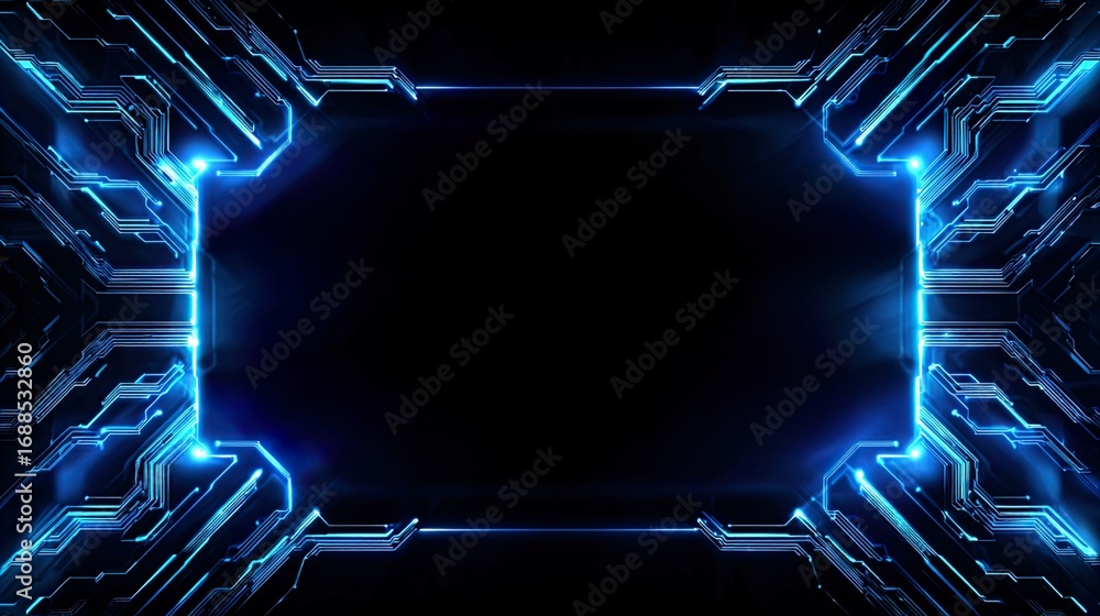 Poster vibrant blue digital circuit board frame with glowing connections and futuristic data flow backgroun