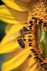 a bee collecting pollen from vibrant yellow sunflower