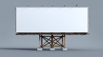 A large, blank billboard with a weathered wooden frame and supports stands against a gray background.  The billboard is rectangular and appears ready for advertisement