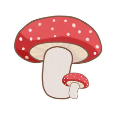 ​An illustration of a red Amanita muscaria or fly agaric mushroom with white spots on its cap and a creamy white stem. The image is drawn in a cartoon.