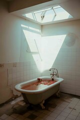 a serene bathroom scene with sunlight streaming through skylight