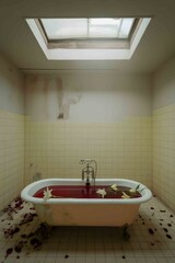 a bathtub filled with red liquid surrounded by scattered petals