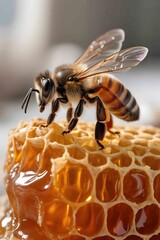 a bee diligently working on honeycomb cells