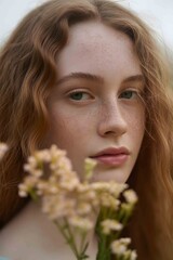a young woman with curly red hair holding delicate flowers