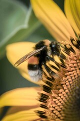 a bee collecting pollen from vibrant yellow sunflower