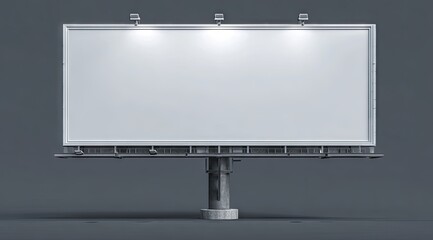 A large, blank billboard with four lights atop a sturdy, grey metal pole against a dark-grey background, casting subtle shadows