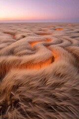 sunset over golden sand dunes with soft shadows