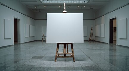 A large blank canvas on an easel in a minimalist, bright white art gallery, surrounded by smaller blank canvases on easels and walls