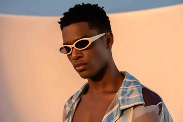 a man wearing stylish sunglasses and casual striped shirt