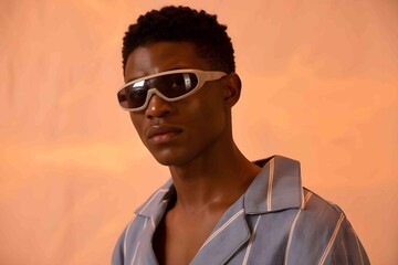 a man wearing futuristic sunglasses against an orange backdrop