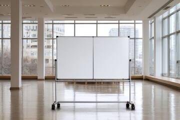 A large, blank, double-sided whiteboard on wheels stands in a spacious, bright room with expansive windows overlooking a city