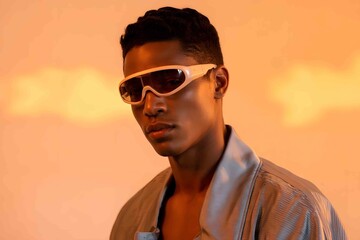 a man wearing futuristic sunglasses with a bright background
