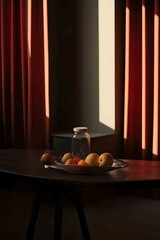 a cozy room scene with fruits on table by window
