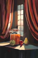 a cozy still life scene with fruit books by window