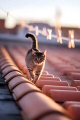 a curious cat walking on red roof tiles under sunlight