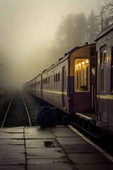 a train station enveloped in fog with passengers waiting
