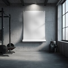 A large blank poster hangs in a minimalist industrial gym with exposed concrete walls, a weight rack, and a large window.  Sunlight streams in, casting shadows