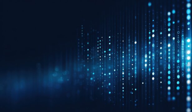 Abstract digital data stream.  Dark background with vertical columns of glowing light blue dots and lines, creating a sense of movement and technology