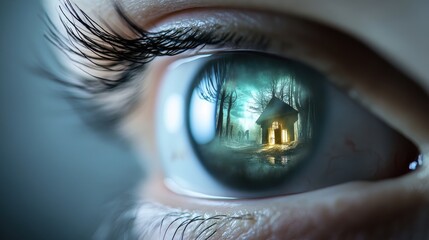 Enigmatic Reflection of a Mysterious House Captured in a Dreamlike Eye with Forest Background and Glowing Light
