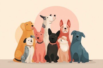 Vector illustration for International Dog Day, group of cute cartoon dogs of different breeds sitting together, flat design.