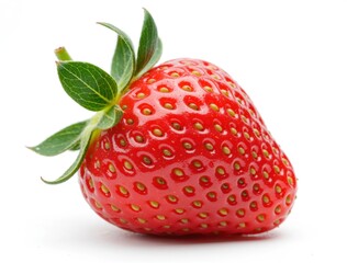 Fresh red strawberry showing seeds and green leaves on white background