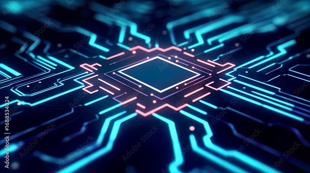 Poster gleaming futuristic circuit board design showcasing electric blue and pink pathways, representing ad
