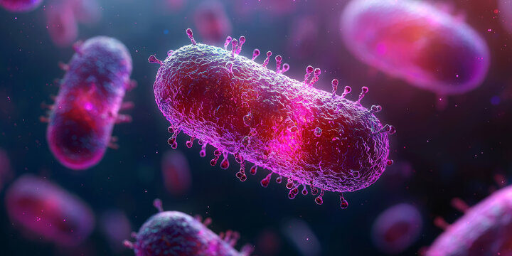 Microscopic view of bacteria and particles in a glowing liquid environment