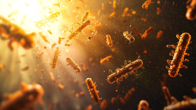 Microscopic view of bacteria and particles in a glowing liquid environment
