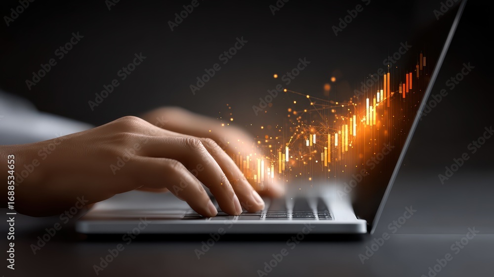 Poster hands typing on laptop with digital financial data visualization and graphs symbolizing market trend