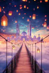 Fototapeta premium Fantasy Eid background with floating lanterns and a sky bridge leading to a glowing mosque in the clouds