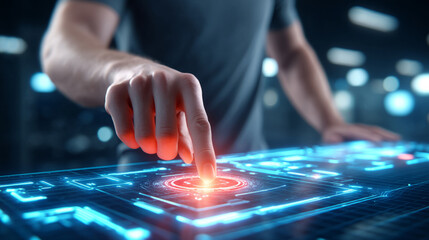 Engineer adjusting transparent blueprint overlays using floating controls