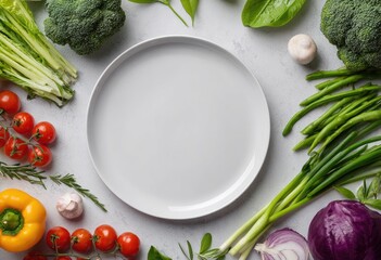 A large empty white plate is surrounded by a vibrant array of fresh vegetables including broccoli, cherry tomatoes, green beans, and red onion, arranged on a light gray surface