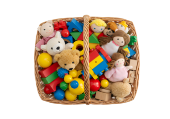 Colorful Toys in a Basket: Educational Playthings for Children on white background