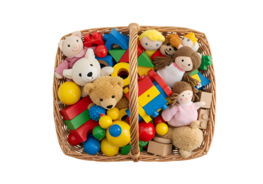 Colorful Toys in a Basket: Educational Playthings for Children on white background