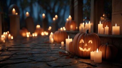 Fototapeta premium Burning candles and softly flickering pumpkin lanterns on Halloween