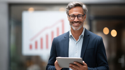 smiling professional holding tablet showing positive revenue growth graph