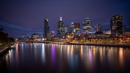 Melbourne Cityscape Night with Yarra River Reflections.