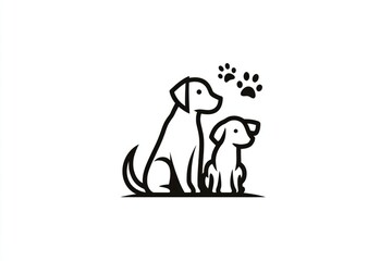 Vector minimal dog logo set, simple line art of dogs and paw prints, modern flat design, isolated on white