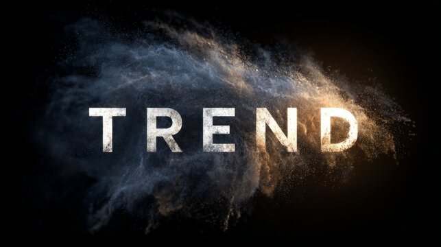 Stylized word TREND dissolving into dynamic dust and smoke particles