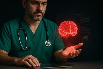 AI generated futuristic medical scene showing doctor in green scrubs holding glowing red brain hologram with digital data interface in dark modern background