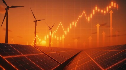 Thriving Renewable Energy Market Financial Growth Driven by Solar and Wind Technology Under Vibrant Sunset - Powered by Adobe
