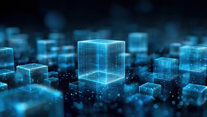 Abstract digital cubes,  glowing blue,  dark background
