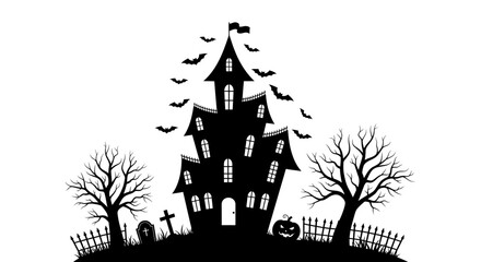 Spooky Halloween haunted house silhouette with bats, pumpkin, and tombstones against white